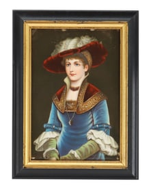 Miniature Porcelain Painting of a Victorian Lady With Feather Hat