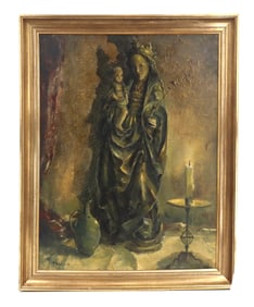 German Signed Oil on Board Madonna and Child