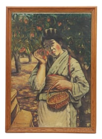 T. Kimihira (20th Century) Japanese, Oil o Board Figural Portrait, Woman in Cherry Orchard