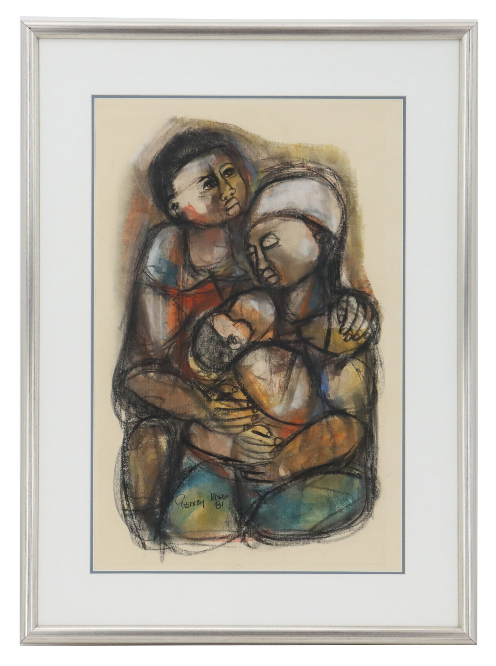 Godfrey Ndaba (Born 1947) South African, Family Portrait Mixed Media on Paper: Godfrey Ndaba (Born 1947) South African, Family Portrait Mixed Media on Paper. Pastels and ink depict a mother, a father, and the young baby they cradle in their arms together. Signed and dated &