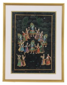 Framed Indian Silk Painting of Krishna Raas Leela