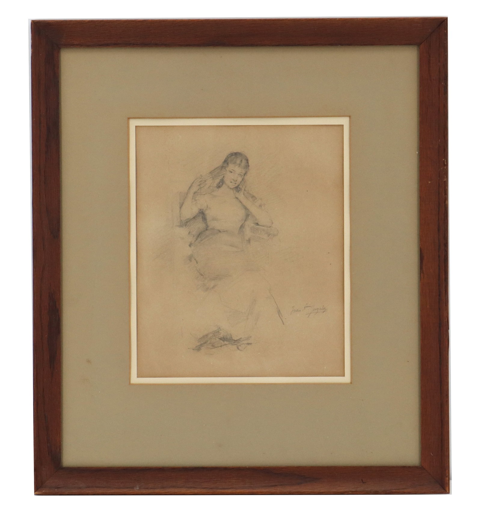 Juan Luis Gonzalez (20th Century) American, Pencil Drawn Female Figure on Paper: Juan Luis Gonzalez (20th Century) American, Pencil Drawn Female Figure on Paper. Depicts in rough but precise detail a graphite portrait of a young woman with a fan, seated, looking at the artist. Sig