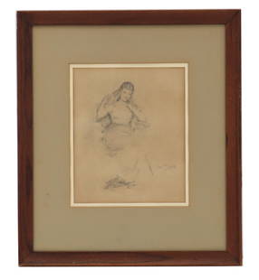 Juan Luis Gonzalez (20th Century) American, Pencil Drawn Female Figure on Paper: Juan Luis Gonzalez (20th Century) American, Pencil Drawn Female Figure on Paper. Depicts in rough but precise detail a graphite portrait of a young woman with a fan, seated, looking at the artist. Sig