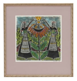 Signed Veronika (20th Century) Woodblock Folk Art Print