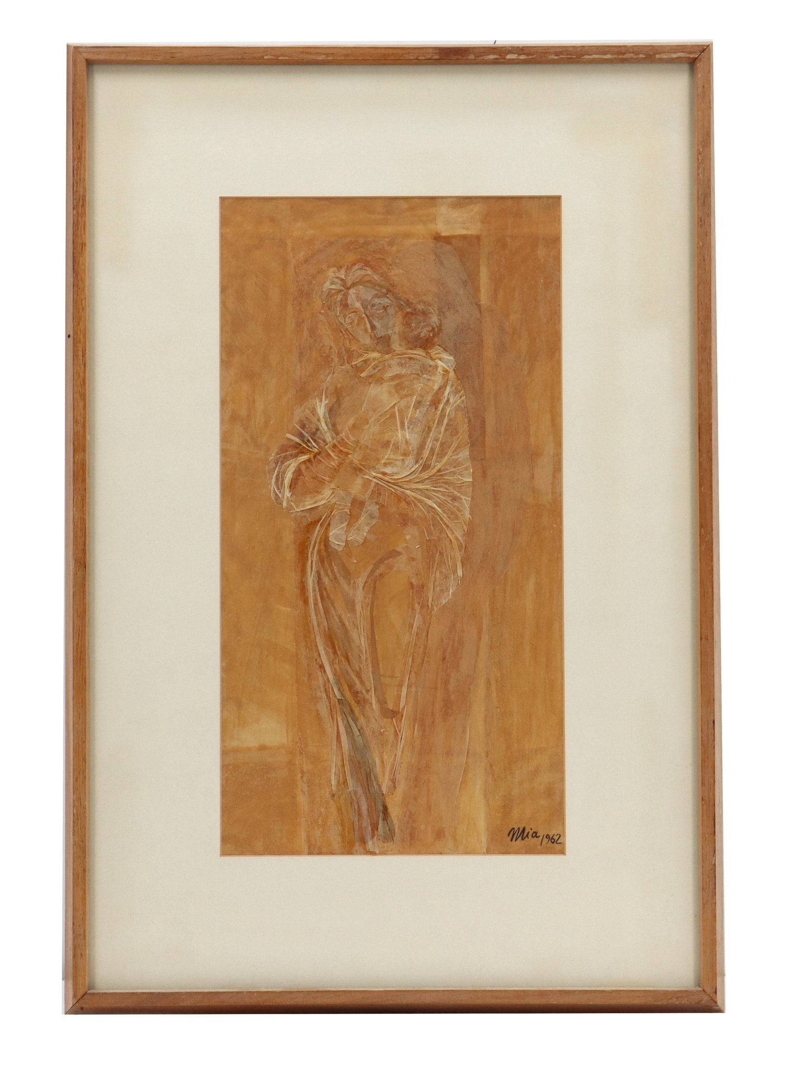 Signed Mia (Mid-20th Century) Paper Overlay Figural, Mother and Child: Signed Mia (Mid-20th Century) Paper Overlay, Mother and Child. Paper overlay illustration depicting a woman cradling a child against her chest. Sighed lower right, Mia, dated 1962. Paper overlay artwo