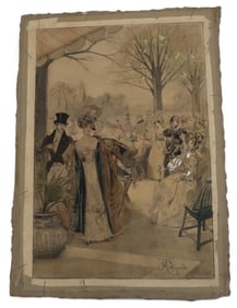 Albert Lynch (1851–1912) Peru, Ink and Watercolor Genre Scene "“Les Champs-Elysées en