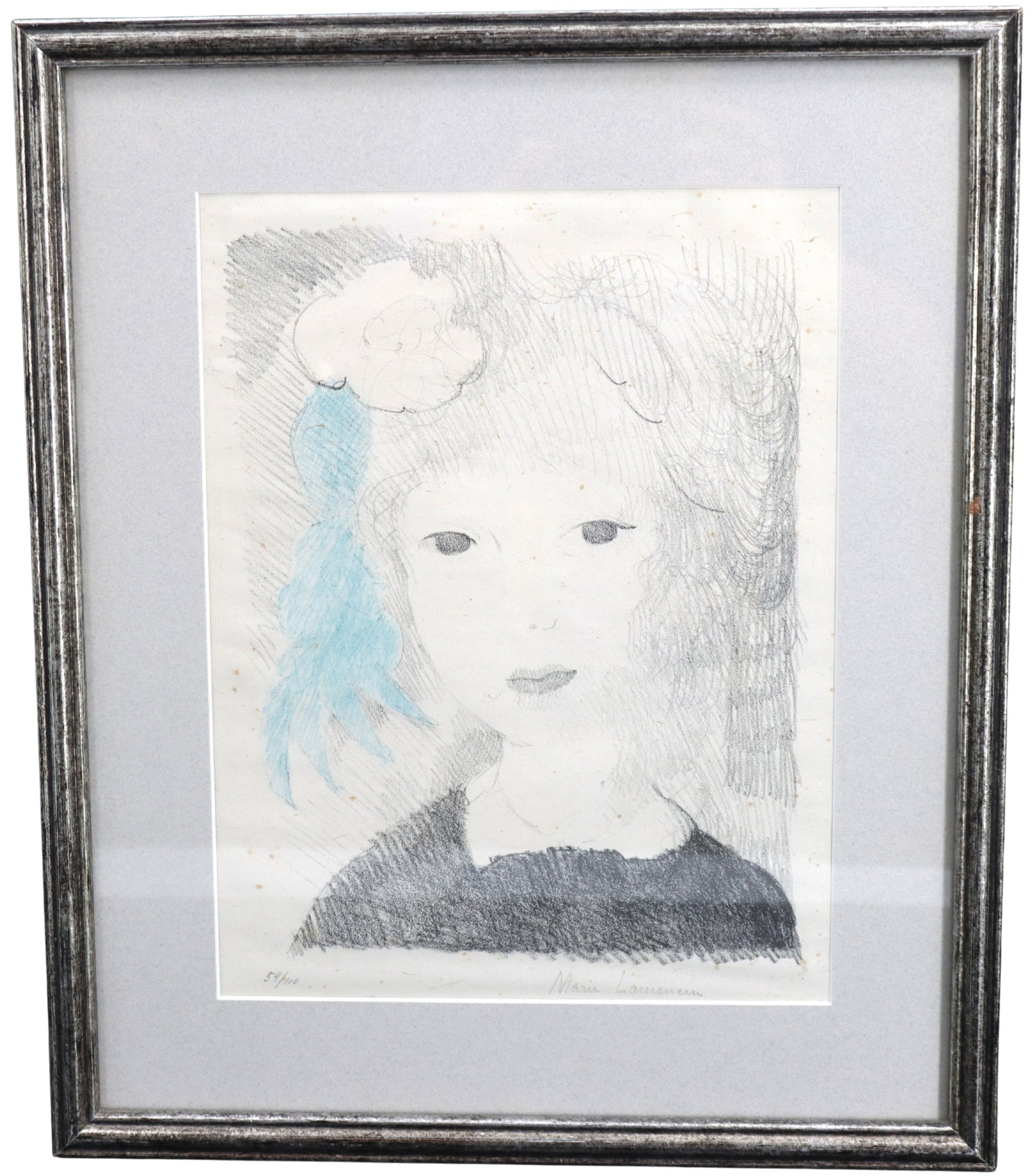 Marie Laurencin (1883-1956) French, Lithograph of a Girl: Marie Laurencin (1883-1956) French, Lithograph. Depicting a girl with a flower in her hair and blue fringe or feather. Signed in the lower right, numbered in the lower left 54/110. Overall Size: