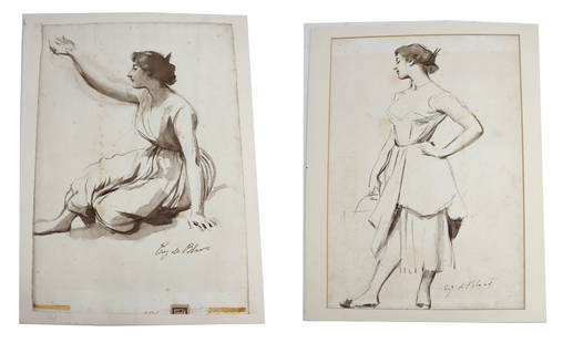 (2) Eugene de Blaas (1843 – 1931) Italian, Watercolor Figural Sketches: (2) Eugene de Blaas (1843 – 1931) Italian, Watercolor Figural Sketches. Double-sided sketches with grayscale watercolor tinting of women posing. Signed lower right on either side. Unframed
