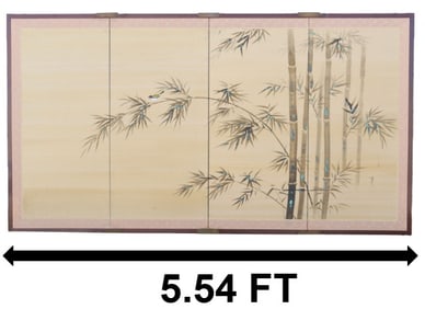 Japanese Ink on Silk Hand Painted 4-Panel Folding Screen