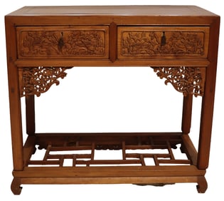 Chinese 2 Drawer Carved Altar Table on Base