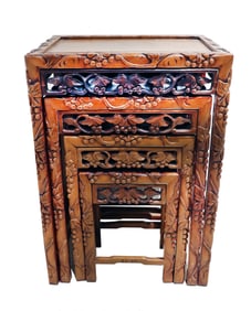 (4) Chinese Elaborately Carved Wood Nesting Tables