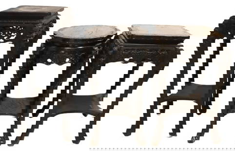 Group of (3) Chinese Carved Plant Stands or Accent Tables: Group of (3) Chinese Carved Plant Stands or Accent Tables. Black lacquered finish.&nbsp; Tallest Table Size:&nbsp;11 x 11 x 28 in.&nbsp;