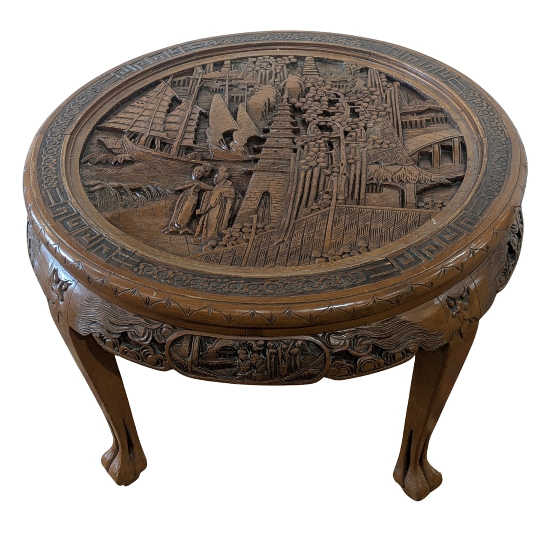 Round Chinese Coffee Table with  Carved Coastal Scene (1 of 11)