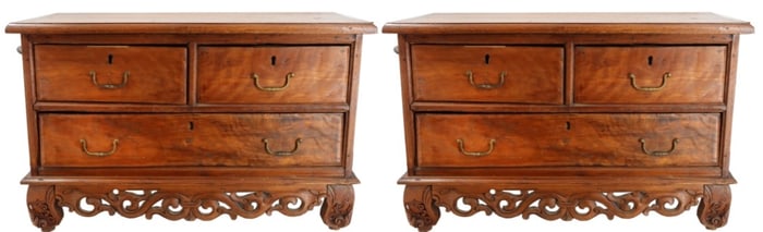 Early 20th Century Pair of Southeast Asian Carved Teak 3 Drawer Cabinets 2 Over 1