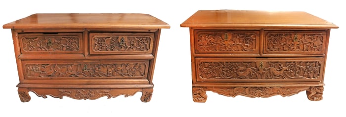 (2) Antique Balinese 3-Drawer Carved Cabinets