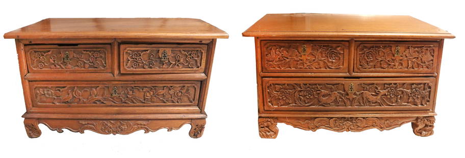 (2) Antique Balinese 3-Drawer Carved Cabinets: (2) Antique Balinese 3-Drawer Carved Cabinets. Pair of Balinese carved wood three-drawer cabinets, two smaller drawer and one larger, with carved floral panels. Approximately 200 y ears old. Balinese