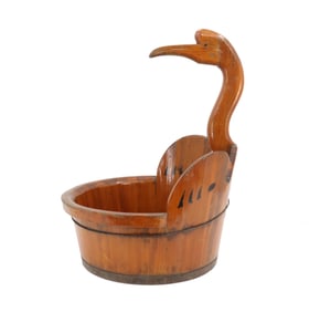 Antique Japanese Timber Basket with Crane Handle