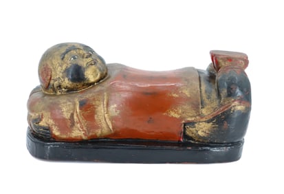 Chinese Carved Lacquered Wood and Parcel Gilt Figural Neck Pillow