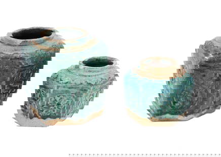 (2) Chinese Earthenware Ceramic Ginger Jars: (2) Chinese Earthenware Ceramic Ginger Jars. Two Chinese hexagonal teal blue glazed ceramic earthenware jars with floral design relief. Without lids. Unmarked. Size: 4 7/8 x 5 in. &nbsp; Chinese ginge