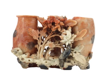 Chinese Carved Soapstone Dual Brush Pot