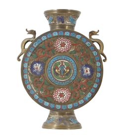 Japanese Champleve Enameled Metal Vase in Flask Form