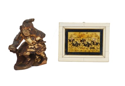 (2) Asian Items - Chinese Carved Figure, Persian Miniature Polo Painting