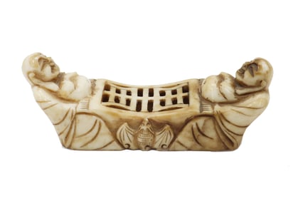 Chinese Carved White Soapstone Double Buddha Pillow Rest