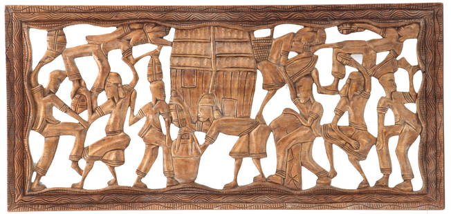 Antique African Carved Wood Panel: Antique African Carved Wood Panel. Antique African carved wooden panel depicting a crowd of people in abstracted, gyrating poses carrying baskets. Size: 21 1/2 x 45 1/2 in. &nbsp; African carved wood