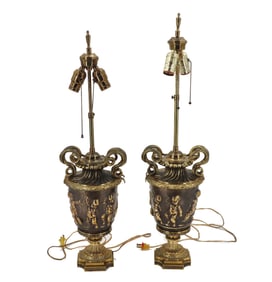 Pair of Bronze Lamps in the form of Urns With Classical Gilt Designs