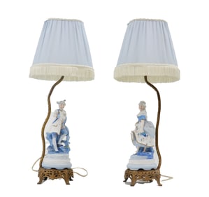 Pair of Blue & White Figural Porcelain Figural Lamps - As Is