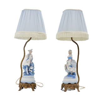 Pair of Blue & White Figural Porcelain Figural Lamps - As Is: Pair of Blue &amp; White Figural Porcelain Figural Lamps - As Is. The male and female figures are well dressed in high society. Please review the pictures.&nbsp; Size: 6 1/2 x 8 1/2 x 21 1/2 in.