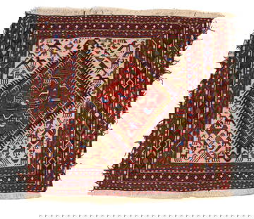 Tribal Afghan Balochi Square Prayer Rug with Animal Motifs: Tribal Afghan Balochi Square Prayer Rug with Animal Motifs. Unique piece of work with a central diamond and bird, camel, horse, deer and other figures in non-repeating patterns.&nbsp; Condition: Comme