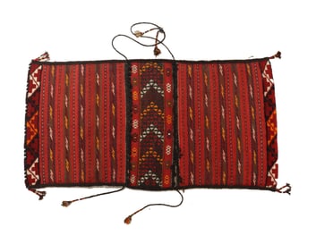 Turkmen Nomadic Tribal Khorjin Double-Sided Wool Saddle Bag Rug with Tie Strings