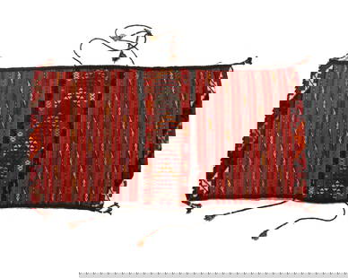 Turkmen Nomadic Tribal Khorjin Double-Sided Wool Saddle Bag Rug with Tie Strings: Turkmen Nomadic Tribal Khorjin Double-Sided Wool Saddle Bag Rug with Tie Strings. A rare object, used by nomads to store goods during their long journeys, utilizing very simple geometric patterns in s