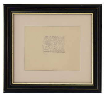 Pablo Picasso, Sculptor in Repose Etching "Escultor en Repose": Pablo Picasso Etching &quot;Escultor en Repose&quot;. Numbered in pencil 33/75. identification on museum label (Musee D&#39;Orsay, Paris) on the reverse. Condition as pictured. &nbsp; Overall Size:&nb