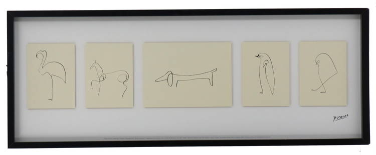Picasso Lithograph Studies of Five Animals: Picasso Lithograph Studies of Five Animals. A stork, a horse, a dachshund, a penguin, and a sparrow. Signed in the plate. Overall Size: 15 1/2 x 41 in. Sight Size: 14 x 39 1/4 in.