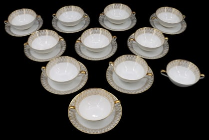 (21) Piece Set Tirschenreuth Bavaria Gold & White Porcelain Cups & Saucers