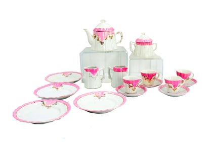 (16) Piece Pink and White Rose Porcelain Tea Set