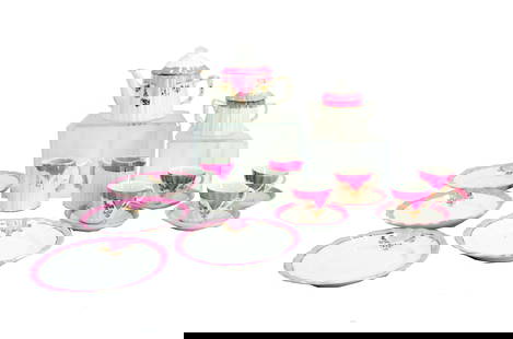 (16) Piece Pink and White Rose Porcelain Tea Set: (16) Piece Pink and White Rose Porcelain Tea Set. With gold trim and edging. Comparable sets look to be made in the early 20th century, which based upon the look and feel would be a safe approximation