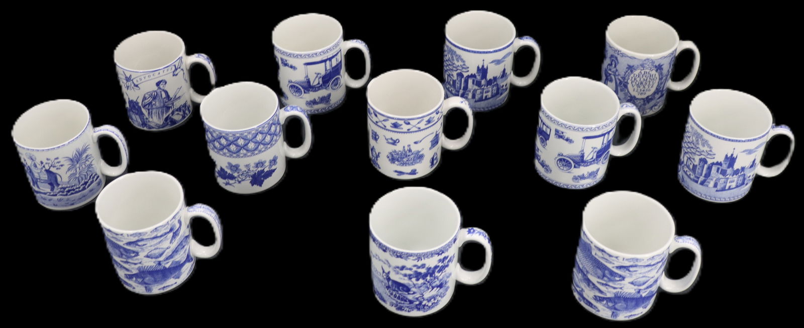 (12) Blue and White Spode Porcelain Cups - Blue Room Collection: (12) Blue and White Spode Porcelain Cups or Mugs. Each one has a different design on it. The botttom on each says "The Spode Blue Room Collection: followed by their names. Names include Aesops Fa