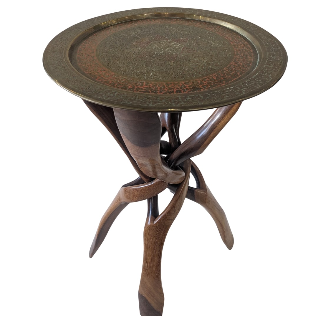 Persian Interlocking Rosewood Tripod Base With Floral Pattern Brass Plate: Persian Interlocking / Collapsible Rosewood Tripod Base With Hammered Brass Plate. The wood has incredible grain and shine to it along with the woods natural strength. The disc has a series of highly 