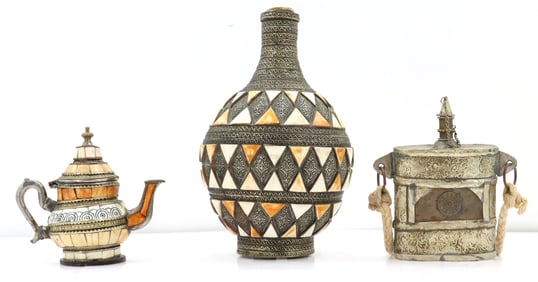 (3) Moroccan Brass and Tile Vessels