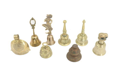 Group of (8) Indian Brass Decorated Bells: Group of (8) Indian / Southeast Asian Brass Decorated Bells . Including Elephant Motifs, Bull Engraving, Thailand God, and Even A Push Bell Circa 1830-1900. Size: 2 1/2 x 5 1/4 in.