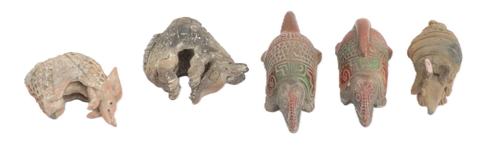 (5) Mesoamerican Zapotec Clay Armadillos: (5) Mesoamerican Zapotec Clay Armadillos. Zapotec armadillos are decorative or symbolic representations found in the rich artistic traditions of the Zapotec people of Oaxaca, Mexico. Often craft