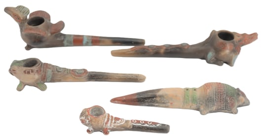 (5) Mesoamerican Zapotec Animal Motif Hand Clay Pipes