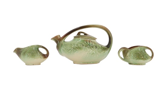 McCoy Pottery Daisy Pattern Ceramic Tea Set with Lidded Teapot, Creamer, and Sugar Bowl