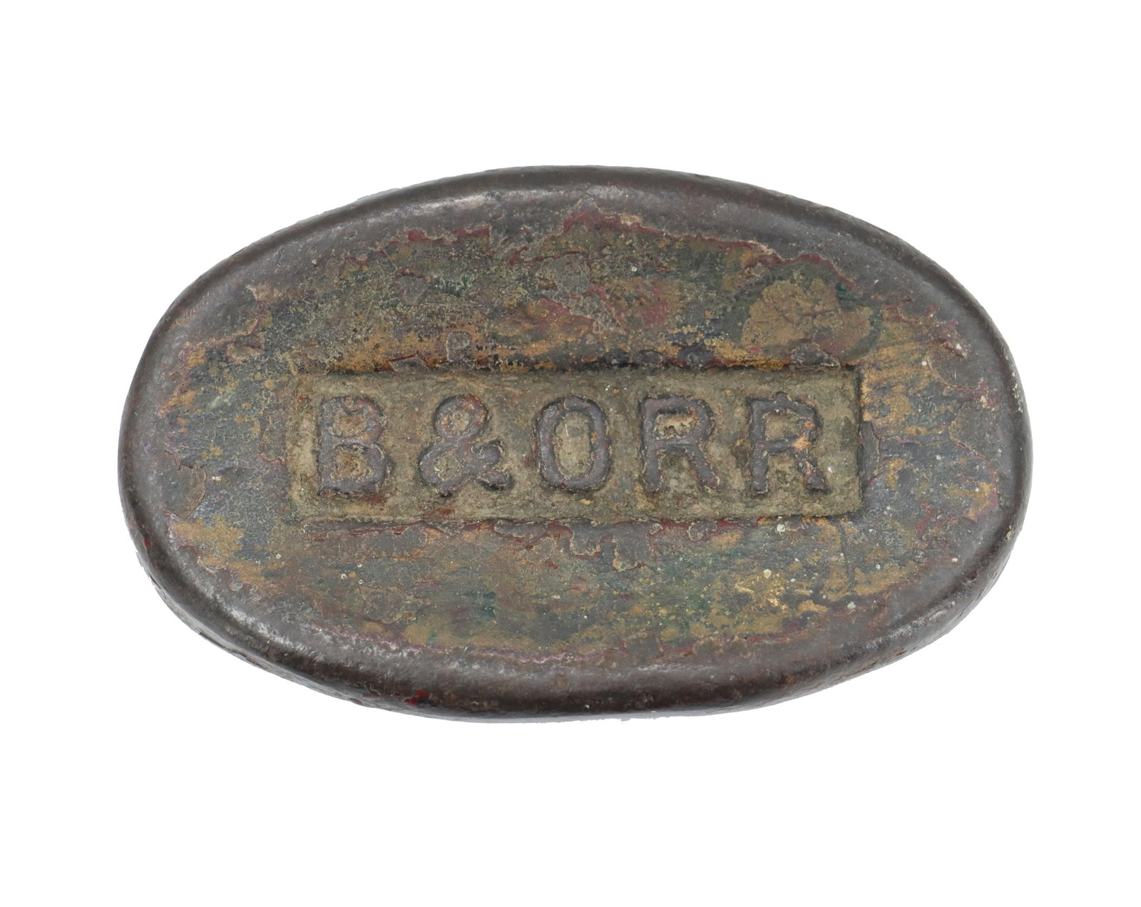 B&O Railroad Cast Iron Paperweight: B&O Railroad Cast Iron Paperweight. Front says B&ORR. The item is oval in shape, with "B&O RR" clearly embossed in the center, indicating it was issued by or used on the B&a