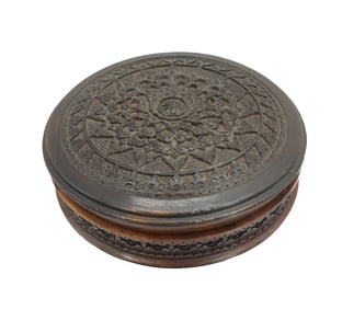 Hand Carved Southeastern Asia Carved Round Box With Central Mandala Medallion Pattern