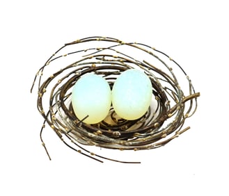 In the Style of C. Jere Frosted Glass Eggs in Bronze Spun Birds Nest Sculpture