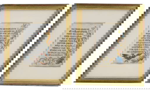 (2) Matching Framed 15th Century Tempera on Parchment Religious Manuscript Pages: (2) Matching Framed 15th Century Tempera on Parchment Religious Manuscript Pages. From the Book of Hours, a popular medieval devotional prayer book, circa 1400 with drawings added in the 17th Century.